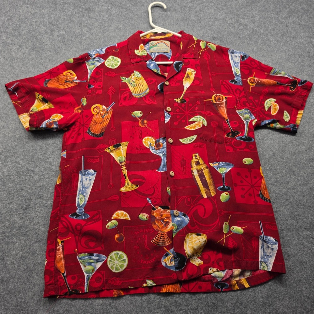 Paradise Found Honolulu Hawaii Mens Red Cocktail Print Camp Shirt XL